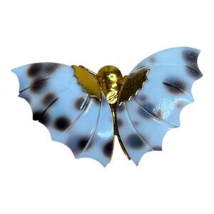 Vintage Shell Butterfly Pin White Brown Gold Tone